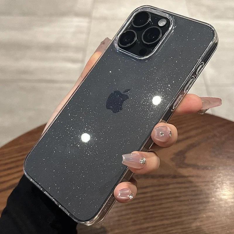 Trransparent Glitter Case For iPhone 15 14 13 11 12 Pro Max Plus X XS Max XR Bling Clear Soft Silicone Cover funda