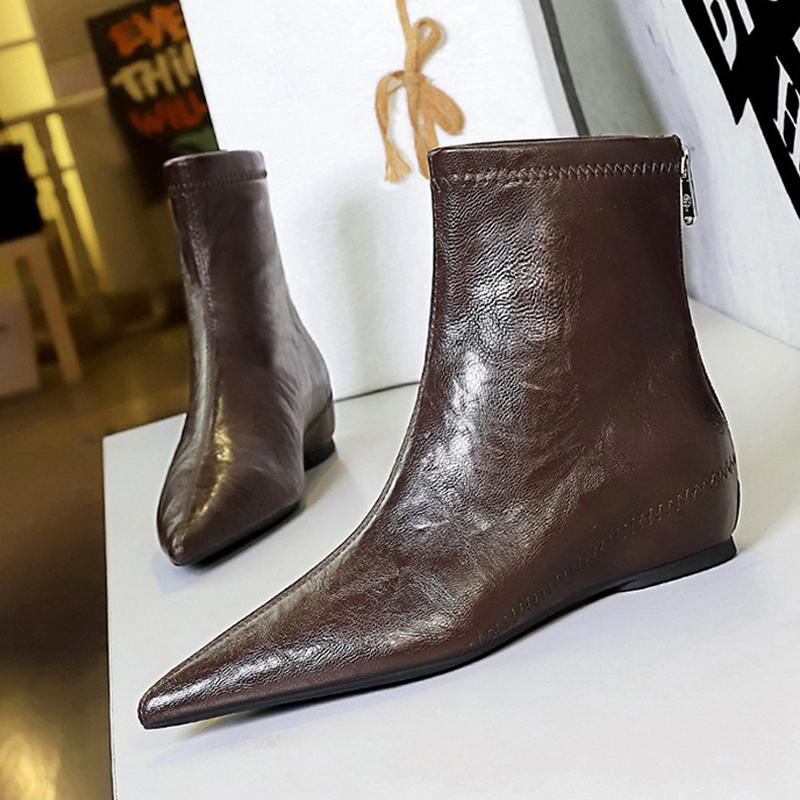 2025 Téli Cipők Női Lapos Csizmák Retro Parti Cipők Hegyes orrú Márkás Női Bokacsizmák Plüss Magasító Cipők 3cm