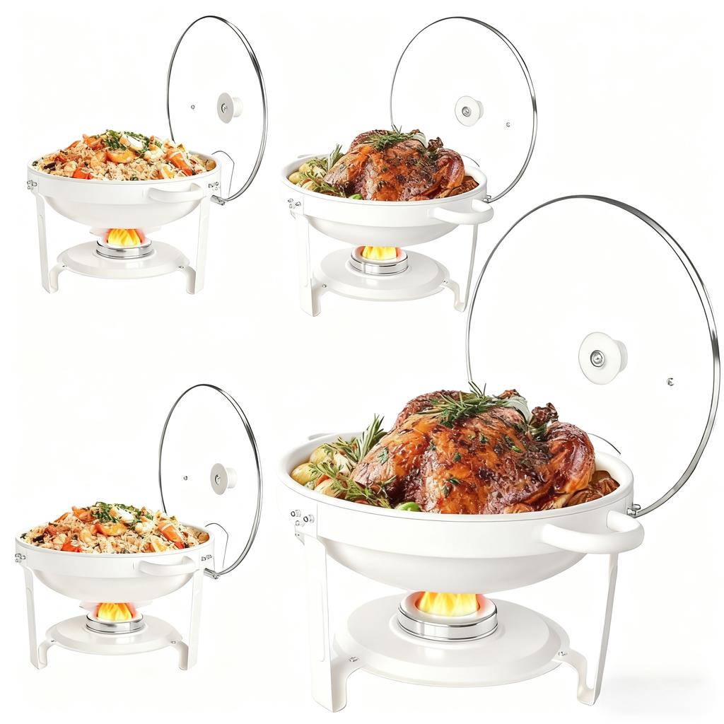 White Chafing Dishes for Buffet with Glass Lid (5QT, 1-2-4Pack), Stackable, Lid Holder for Party, Wedding