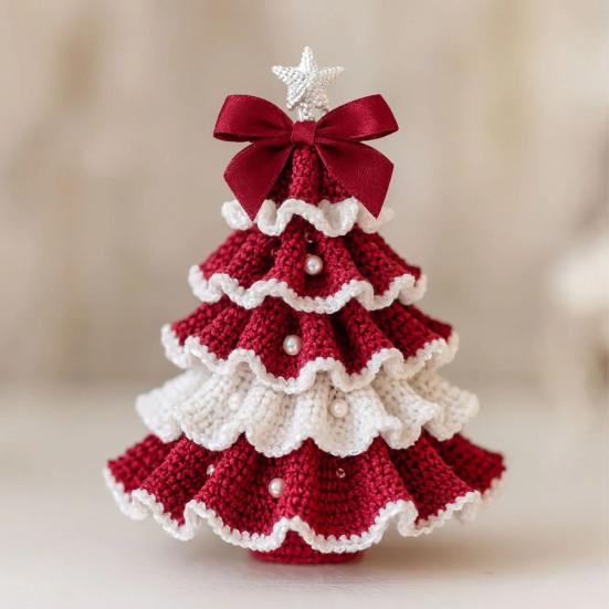 Handmade Crochet Christmas Tree DIY Xmas Tree Crochet Craft Starter Set with Bow And Faux Pearl for Beginners Knitting Holiday Decoration for
