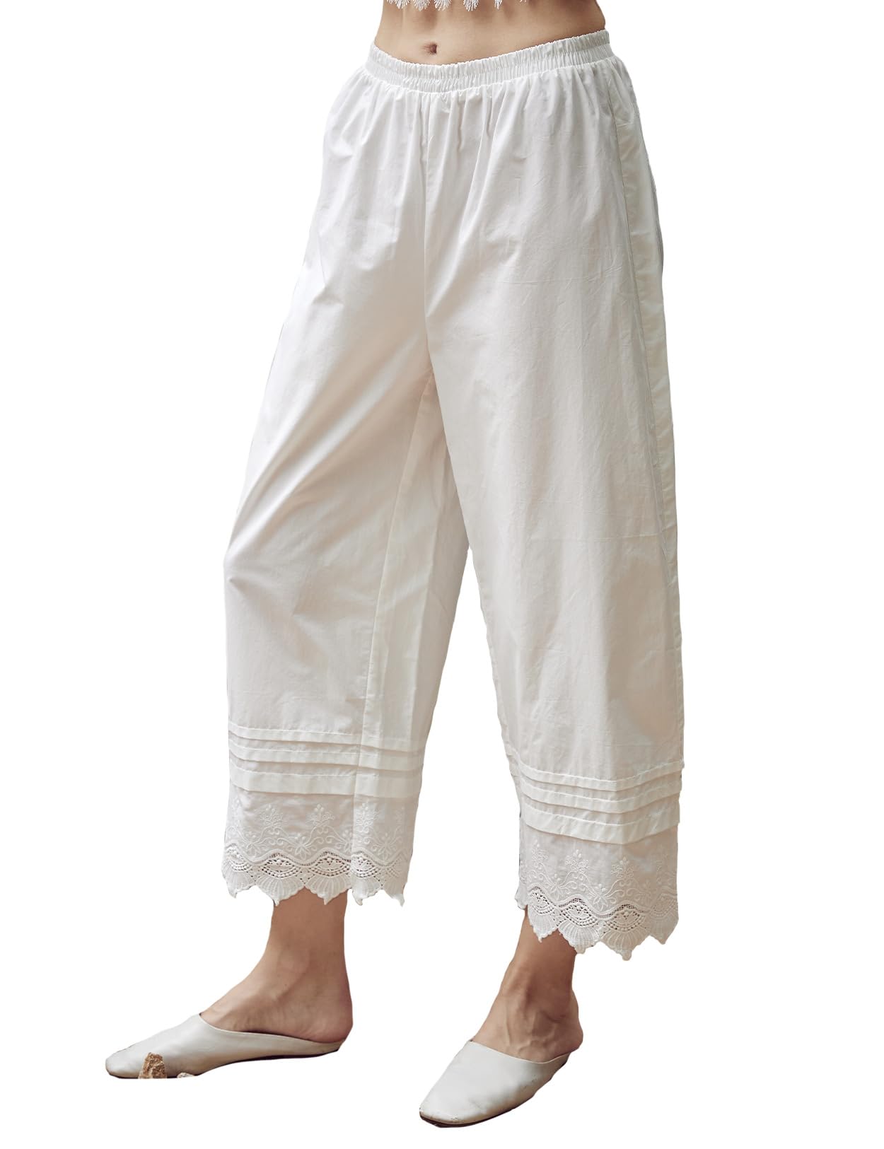 

BEAUTELICATE with Lace Retro Size M Pettipants, 100% Cotton, Long, Non-See-Through, Pockets, Embroidery, 3-Pleated, Style, Layering, White,