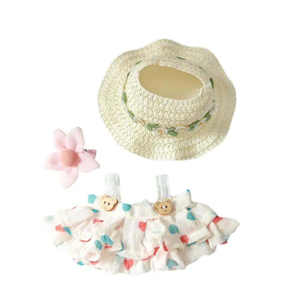 

17cm Doll s Clothes For Labubu Summer Straw Hat Flowers Halter Dress Suit Cute Sweet Plush Toy Clothing Accessories For Gif O1Q3