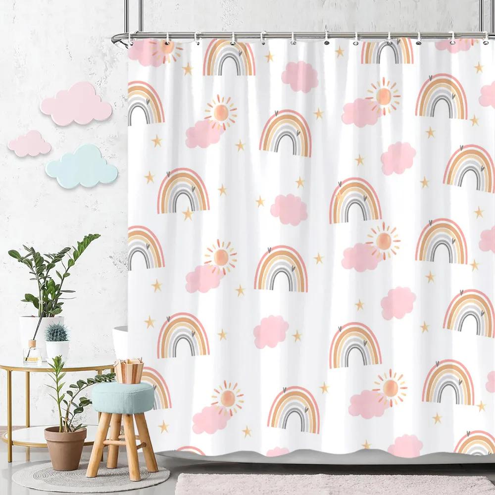 Rainbow Shower Curtain Colourful Cute Bohemian Abstract Print Kids Shower Curtain Polyester Fabric Art Bathroom Decor With Hooks