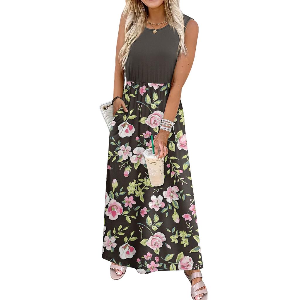 Sleeveless Floral Print Maxi Dress for Women Casual Waist Defined Long Dress Lightweight Summer Style Crew Neck