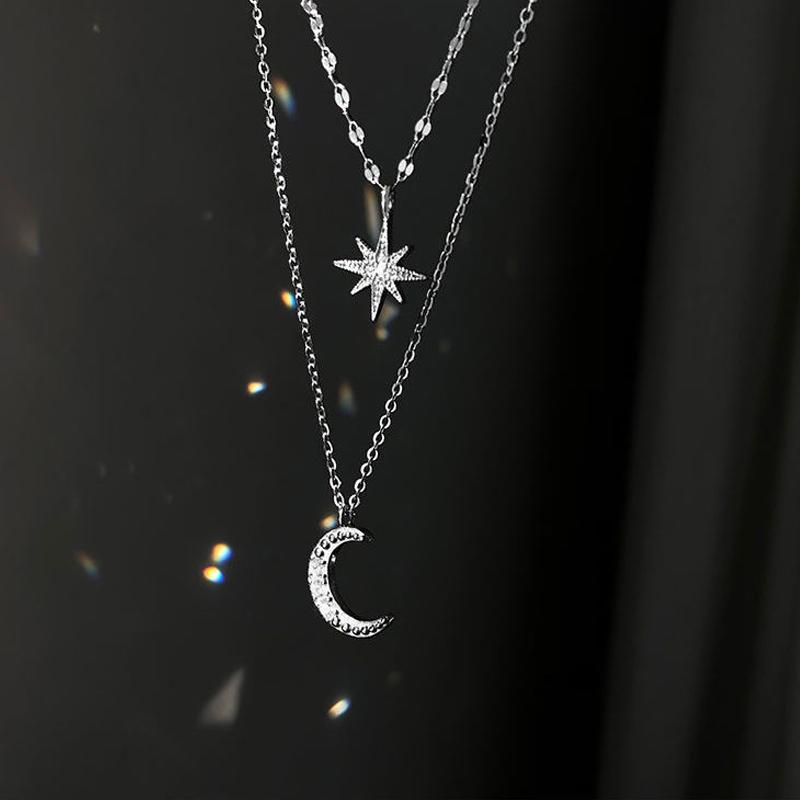 925 Sterling Silver Star Moon Double Layer NecklaceShiny Zircon Pendants Necklaces for Women Gift Fine Jewelry Accessories