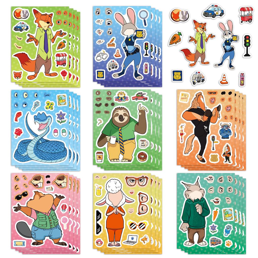 8/16 Sheets Zootopia 2 Make A Face Puzzle Stickers Diy Assemble Jigsaw Cartoon Decals Kids Game Party Gift For Boys Girls