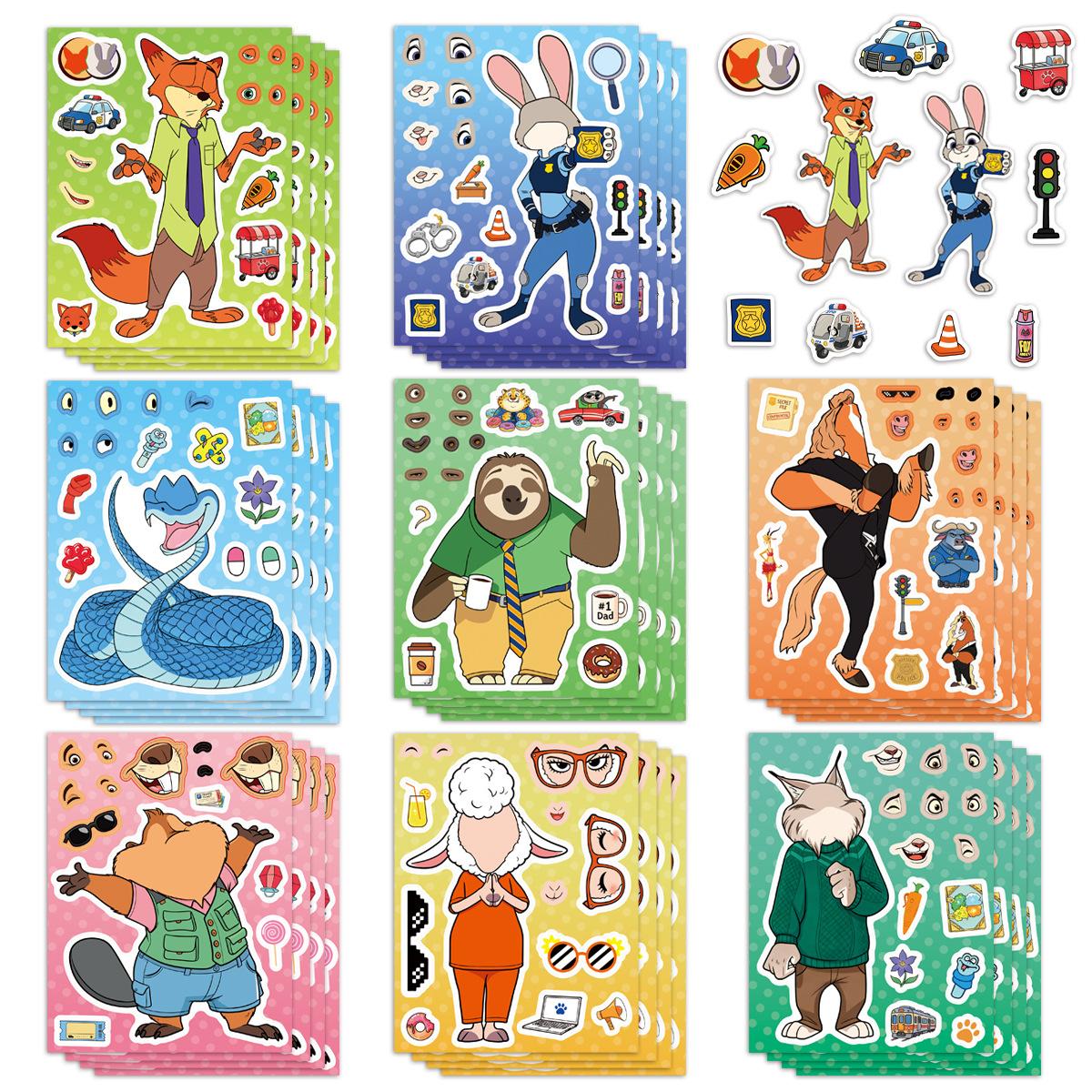 

8/16 Sheets Zootopia 2 Make A Face Puzzle Stickers Diy Assemble Jigsaw Cartoon Decals Kids Game Party Gift For Boys Girls (As shown-5065)-