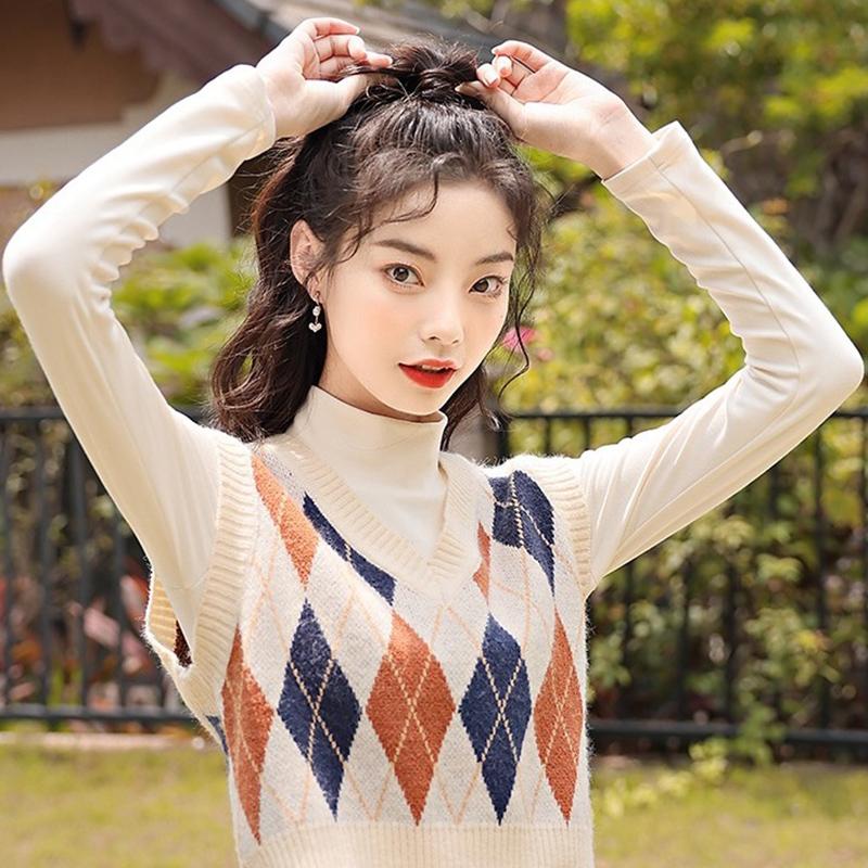 Sleeveless Pullover England Vintage Geometric Rhombic V Neck Knitted Sweater Vest Knitwear Lady Waistcoat Tops Women