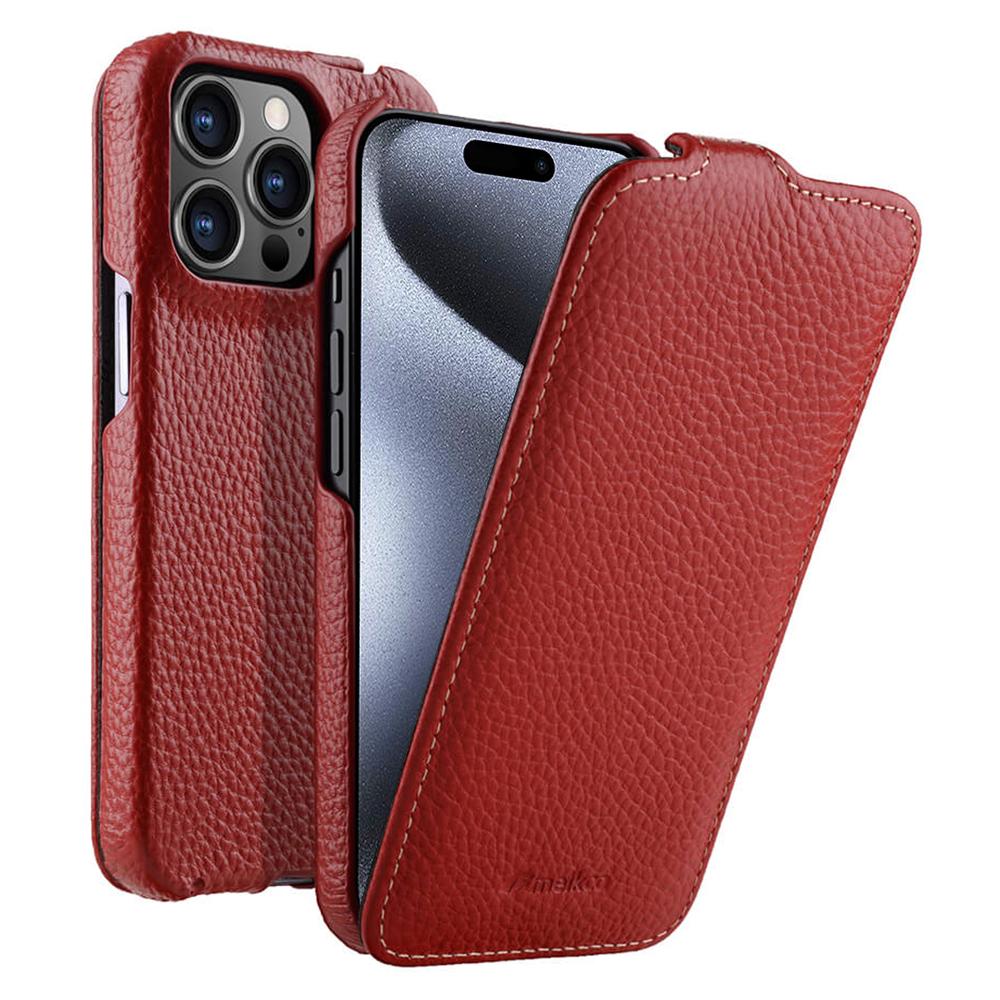 MELKCO For iPhone 15 Pro Max Case Litchi Texture Genuine Cow Leather+PC Vertical Flip Cover