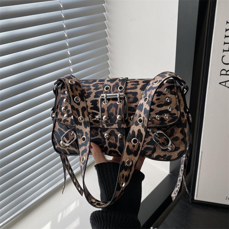 Street Style Leopard Print Leather Crossbody Bag With Metal Studs For Daily Use