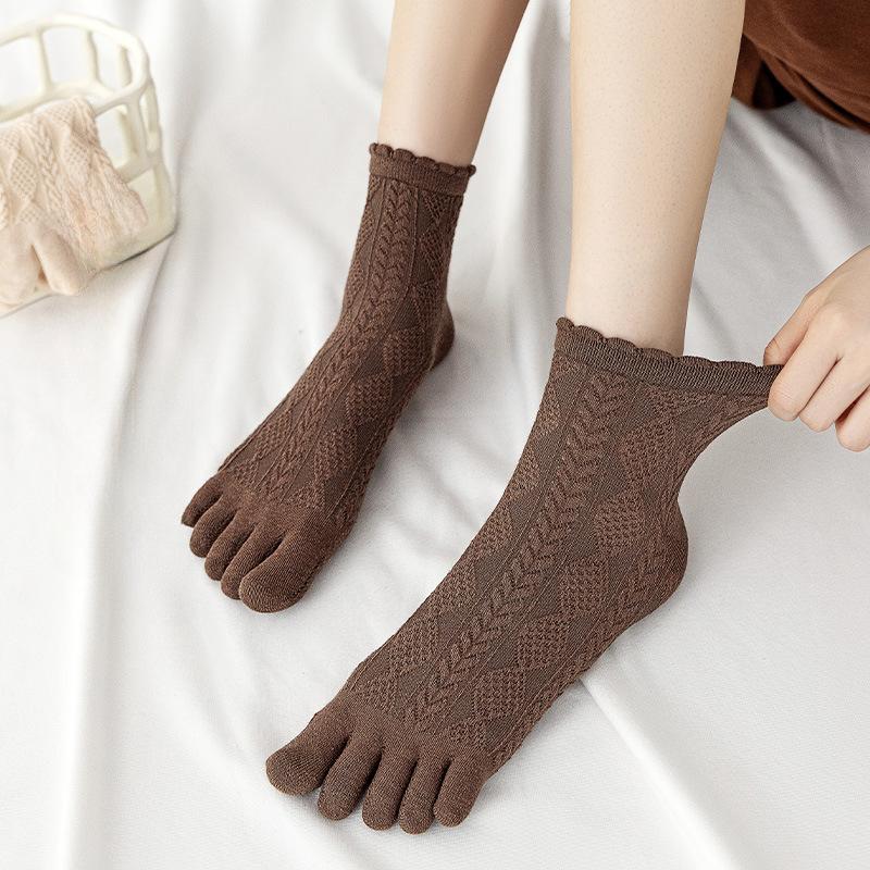 6 Pairs Women Spring and Autumn Pure Cotton Five Finger Socks Retro Solid Color Lace Striped Split Toe Socks Vintage Comfortable Socks