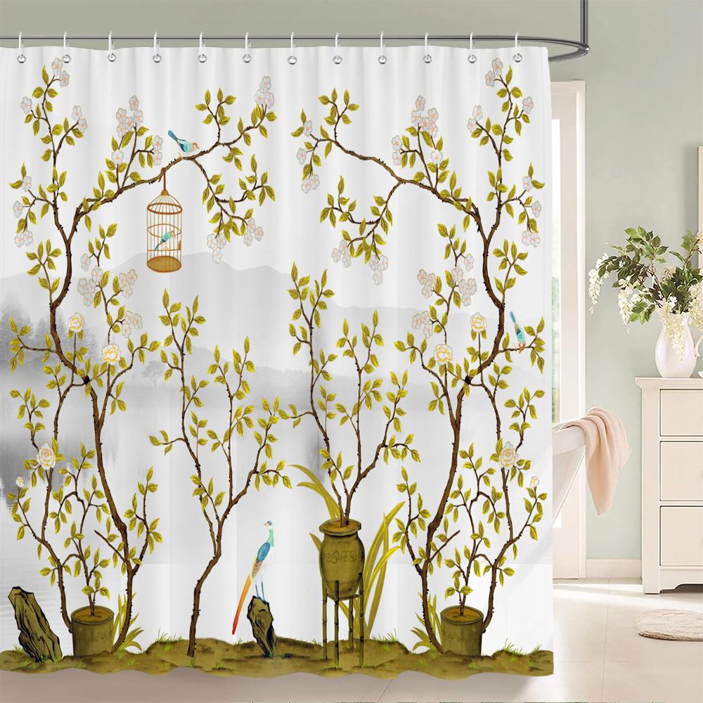 Chinese style Flowers Birds Shower Curtains Printed Bath Curtains Bathroom Waterproof Fabric With 12 Hooks Home Decor Screen