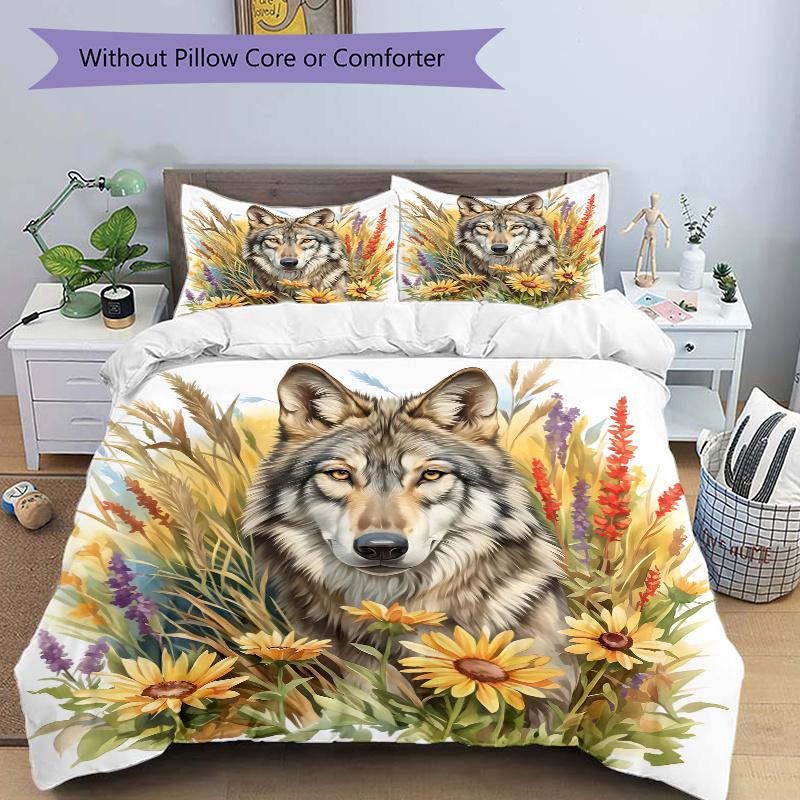 

3pcs Wolf Amidst Sunflowers and Lavender Quilt Set - Soft and Comfortable Bedroom, Guest Room and Dorm Decor Bedding Set 1 Quilt Cover + 2 P 135cm*200cm