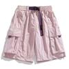 Pantalones Cortos Cargo Beige para Hombre Diseño Multibolsillo Cintura Elástica Correa Morada Pantalones Cortos Casuales de Verano
