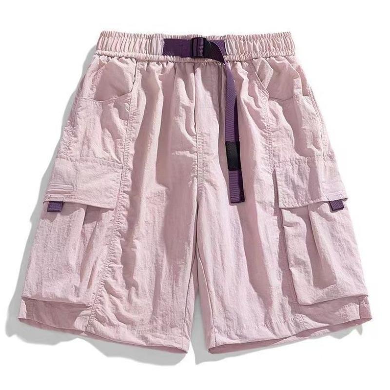 Pantalones Cortos Cargo Beige para Hombre Diseño Multibolsillo Cintura Elástica Correa Morada Pantalones Cortos Casuales de Verano