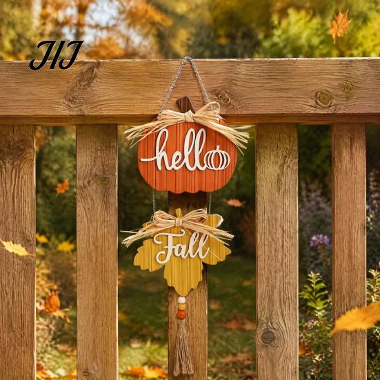 Kitchen Autumn Theme Decor Hello Fall Wooden Hanging Sign, Pumpkin Maple Leaf Door Hanger with Home Aesthetic Ornaments Tassel, Harvest Thanksgiving