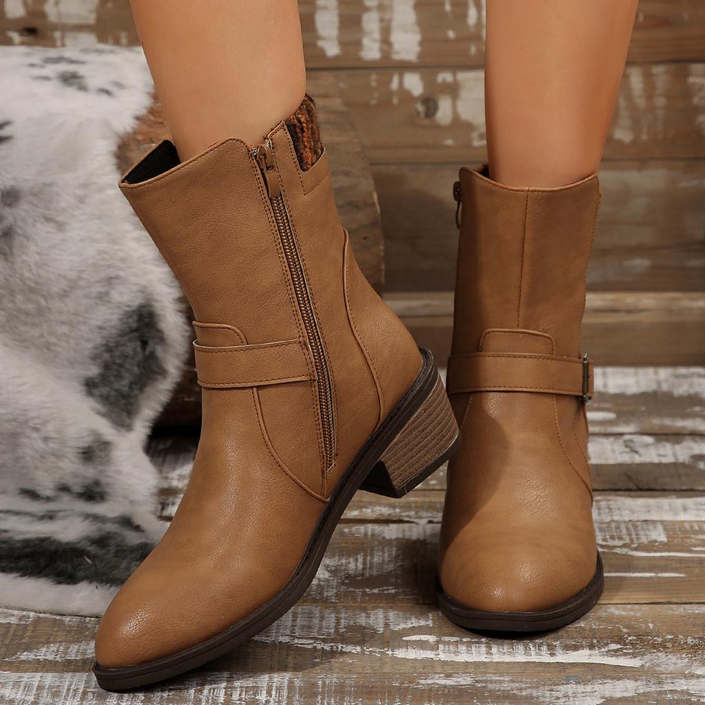 Side Zipper European and American Autumn and Winter Motorcycle Boots Short Boots Heel Martin Boots Women's Boots Belt Buckle Low Black