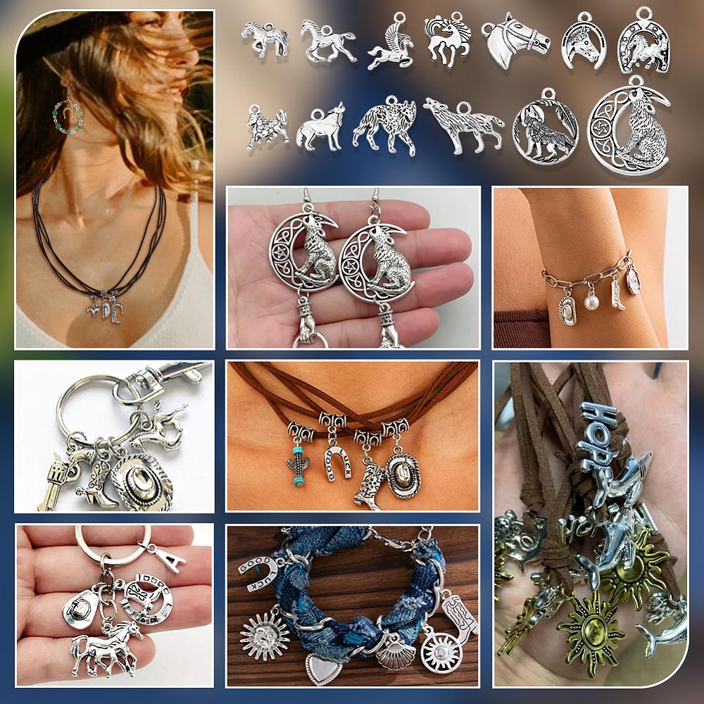112Pcs Tibetan Style Alloy Pendants Horse Charms Antique Silver 12~36x15~31x1.5~5mm Hole: 1.5~3mm
