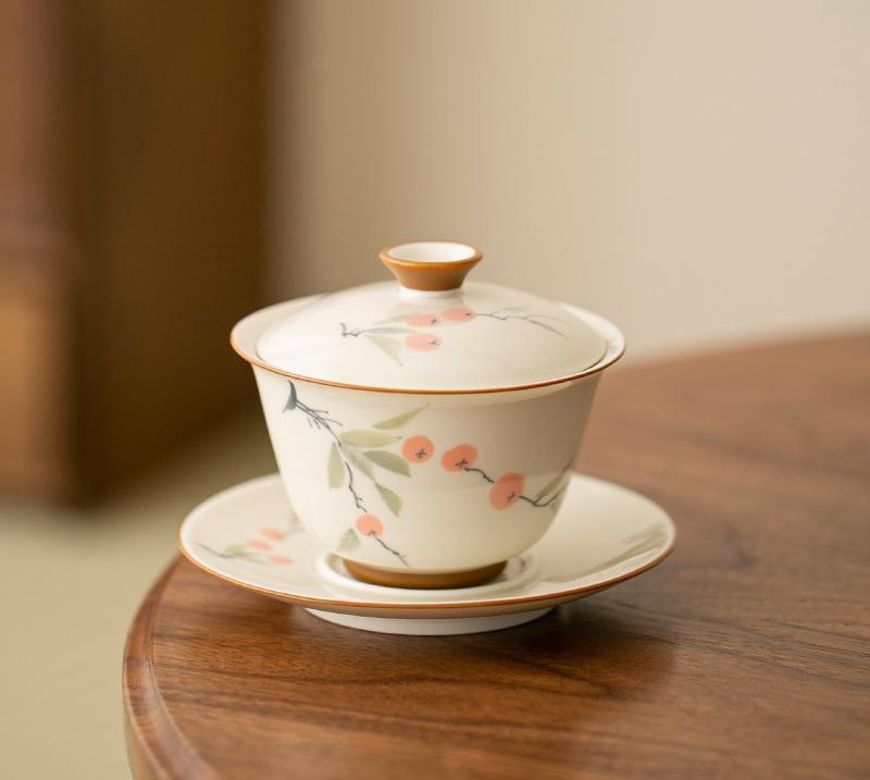 120ml Hand-painted Persimmon Bamboo Cover Bowl Household Anti Scald Gaiwan Handmade Tea Tureen Tea Making Tea Cup Tea Items