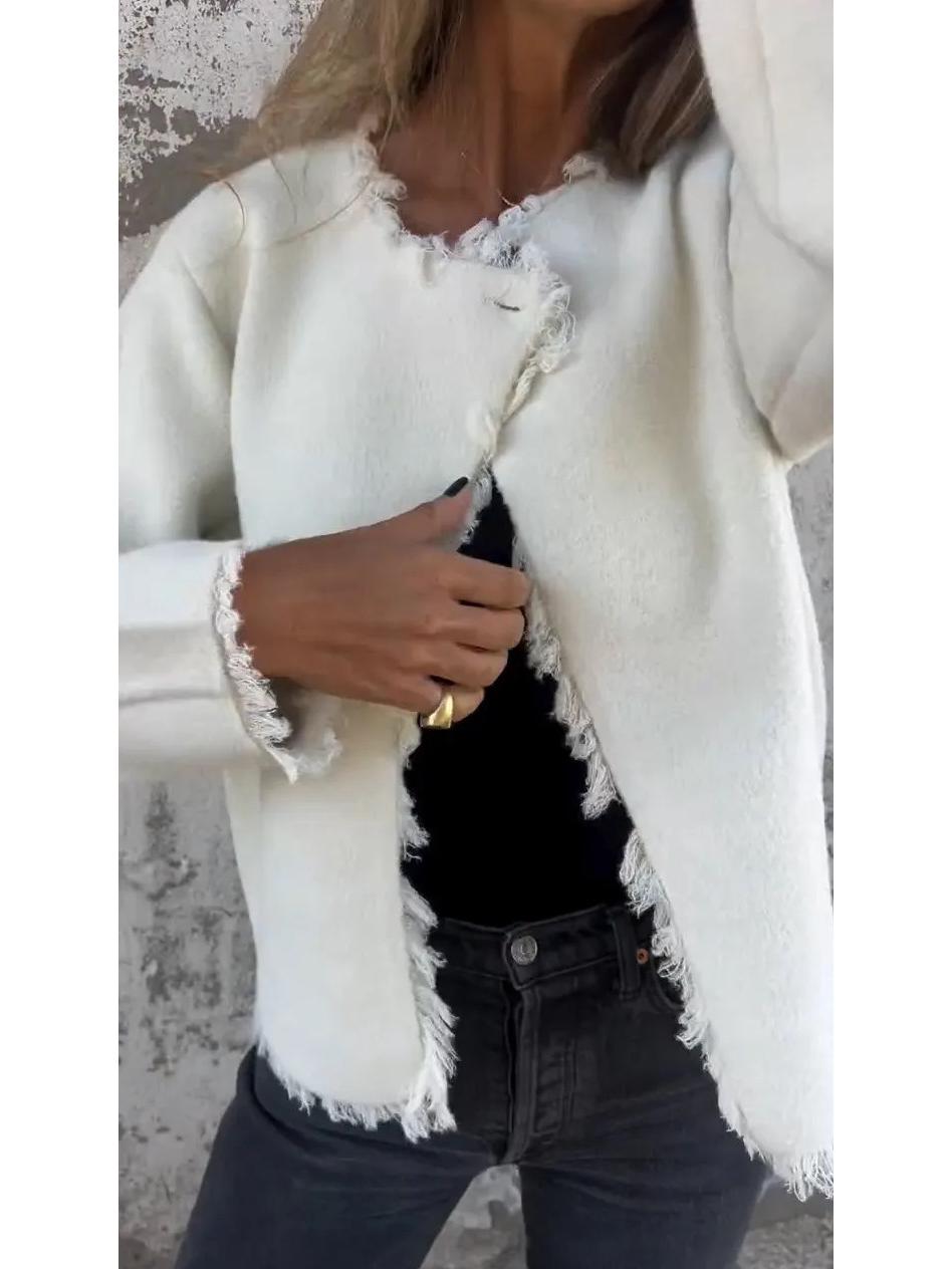 2026 Euro-American Style Women s Fashion: Wool Coat with Round Neck & Long Sleeves S белый