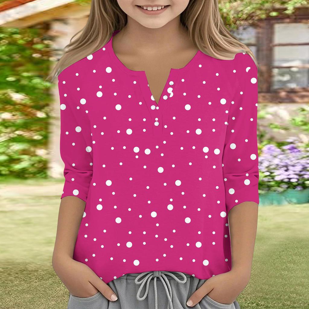 Print Tops For Youth Girls V Neck Button 3/4 Sleeves T-Shirts Trendy Tops Outfit Tees