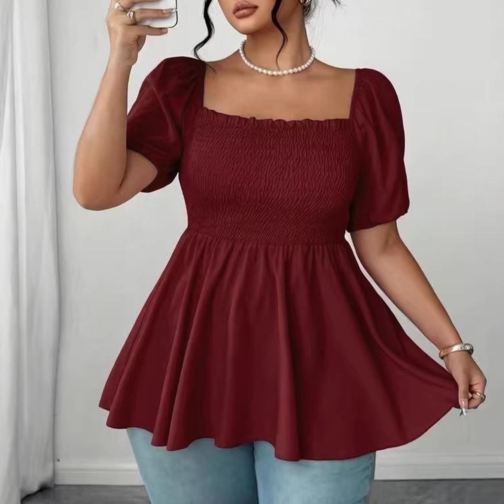 Plus Size Women's Smocked Waist Peplum Top Square Neck Puff Sleeve Casual Blouse Lightweight Comfortable Soft Fabric