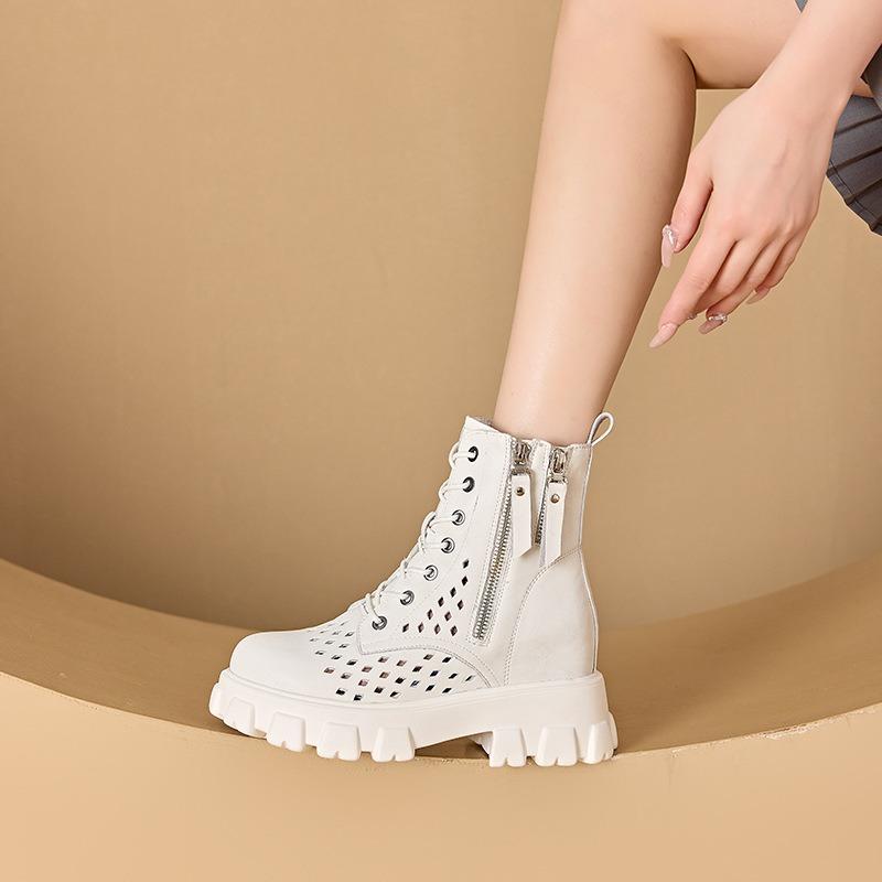 Spring small size hollow Martin boots for women, thick-soled inner height-increasing casual shoes for women, double-sided zipper women's shoes