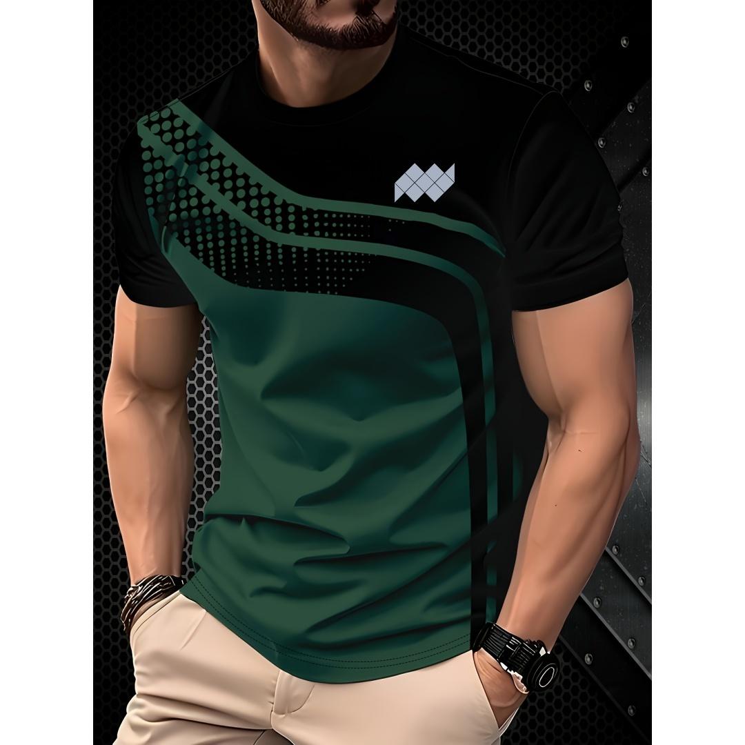 Men s T-shirt with geometric stripe printed short sleeved shirt XS