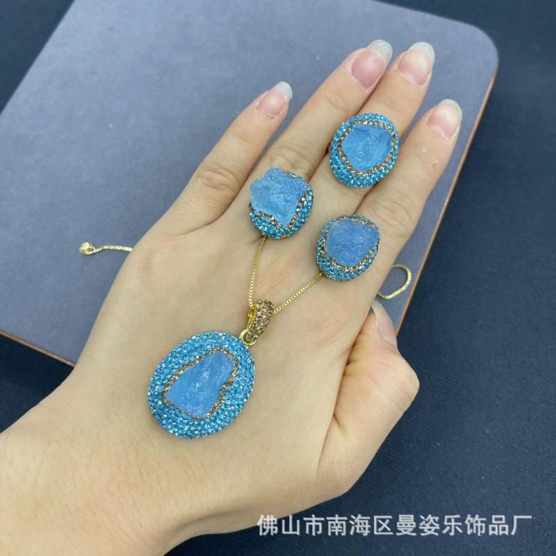 Handcrafted Sea Blue Chalcedony Stone Inlay Ceramic Clay Jewelry Set Women Earrings Necklace Bracelet