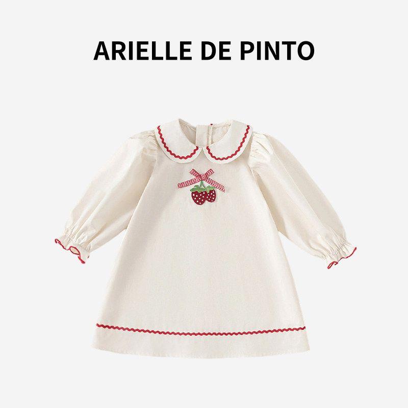 French Arielle De Pinto Girls  Dress Spring and Autumn Dress with Bow Doll Collar and Lace Trim Rice White 90