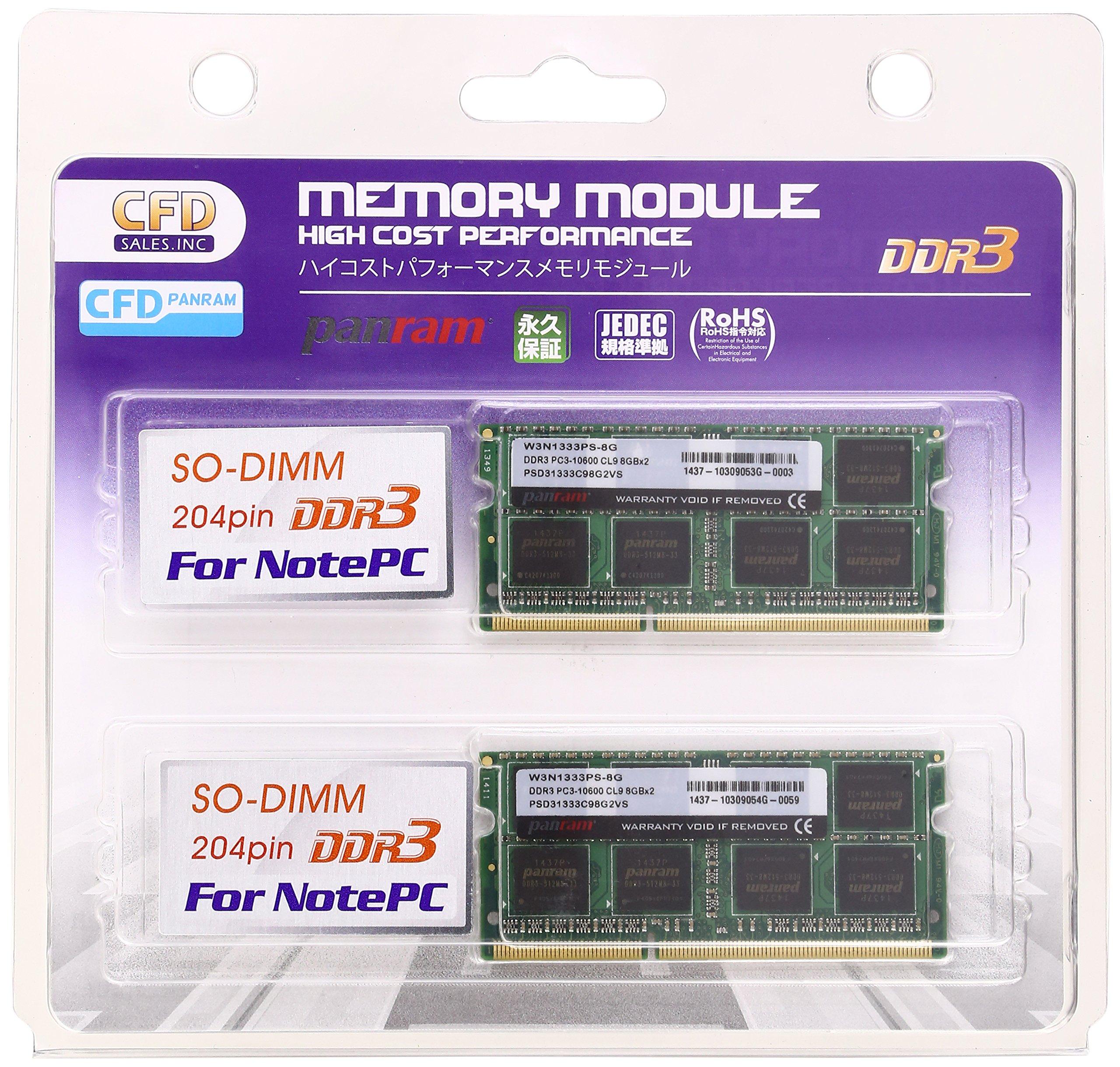 

CFD Sales Panram Laptop DDR3 Memory 16GB 8GB x 2 204pin PC3-10600 SO-DIMM W3N1333PS-8G