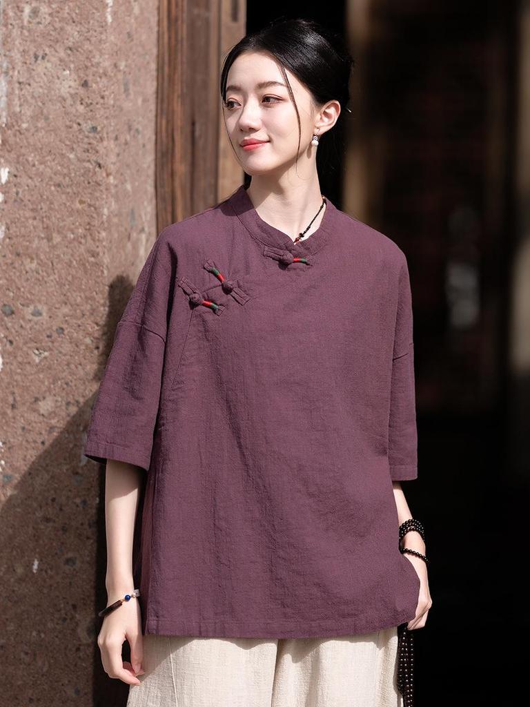 Women’s Retro Chinese Style Short Sleeve Stand Collar Shirt with Frog Button, Loose Ramie Sand-Washed T-shirt – 2024 Spring/Summer Collection