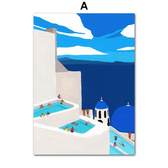 Tropical Morocco Beach Swim Pool Santorini Abstract Art Canvas Painting Posters and Prints Wall Pictures for Living Room Decor No Frame