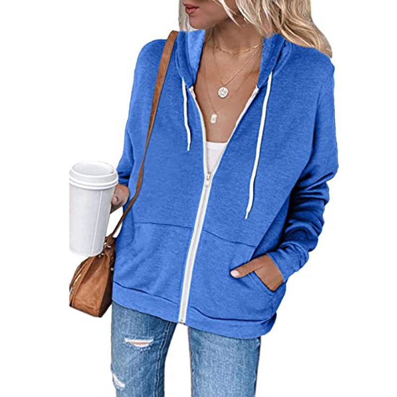 New Long Sleeve Hooded Sweater Women's Drawstring Pocket Zipper Cardigan Jacket