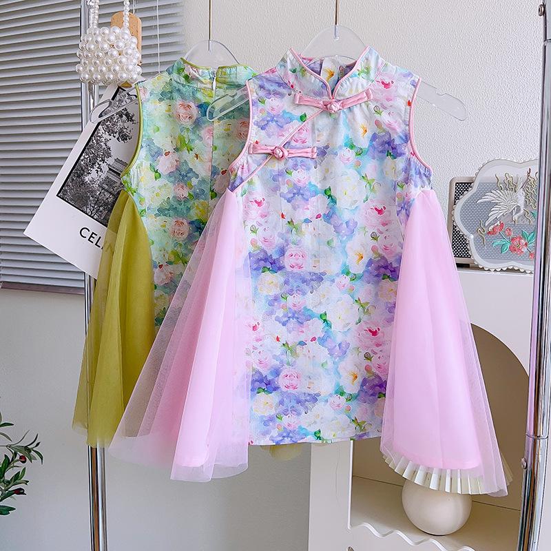 Girls Summer Chinese Mesh Princess Vest Dress Improved Cheongsam Dress