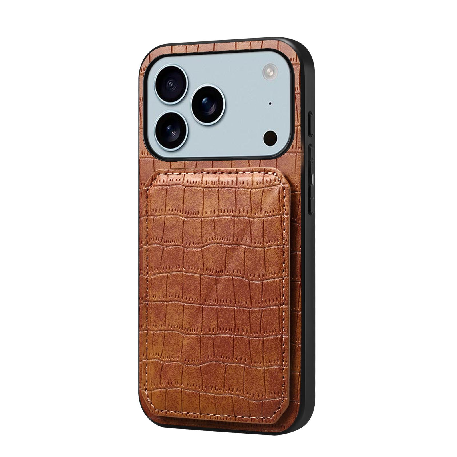 

For iPhone 17 Pro Max Case with Card Holder Leather+PC+TPU Crocodile Textured Back Cover Brown