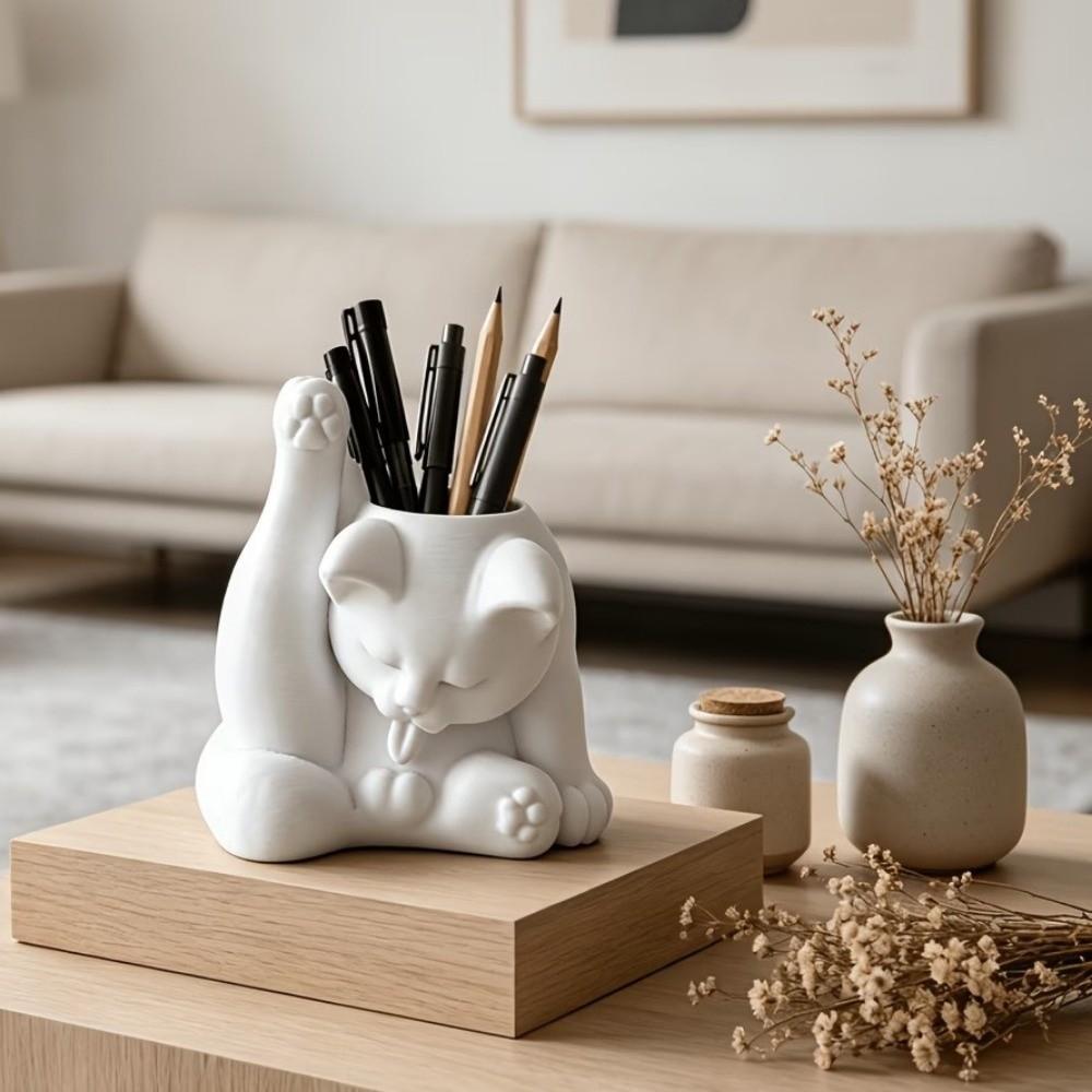 Funny Makeup Brush Holder 3D Printed Desk Storage Box Licking Paw Cat Statue Stationery Storage