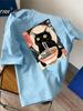Cute Japanese Style Tee with Black Cat Eating RaUnisex Retro Poster Print 100 Cotton Unisexs Tshirt Summer Casual Wear