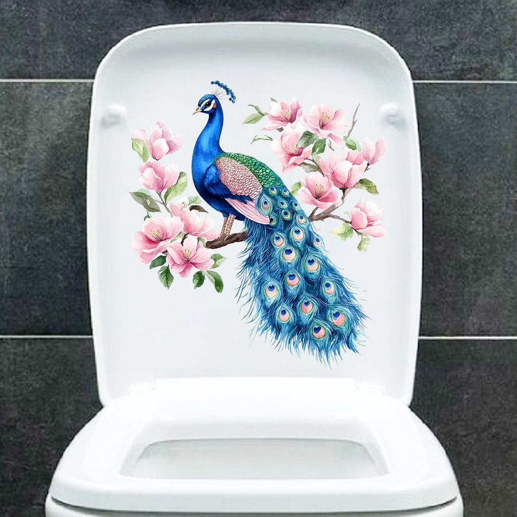 Elegant Peacock & Floral Toilet Stickers, Waterproof Removable Decals for Bathroom & Living Room Wall Decor