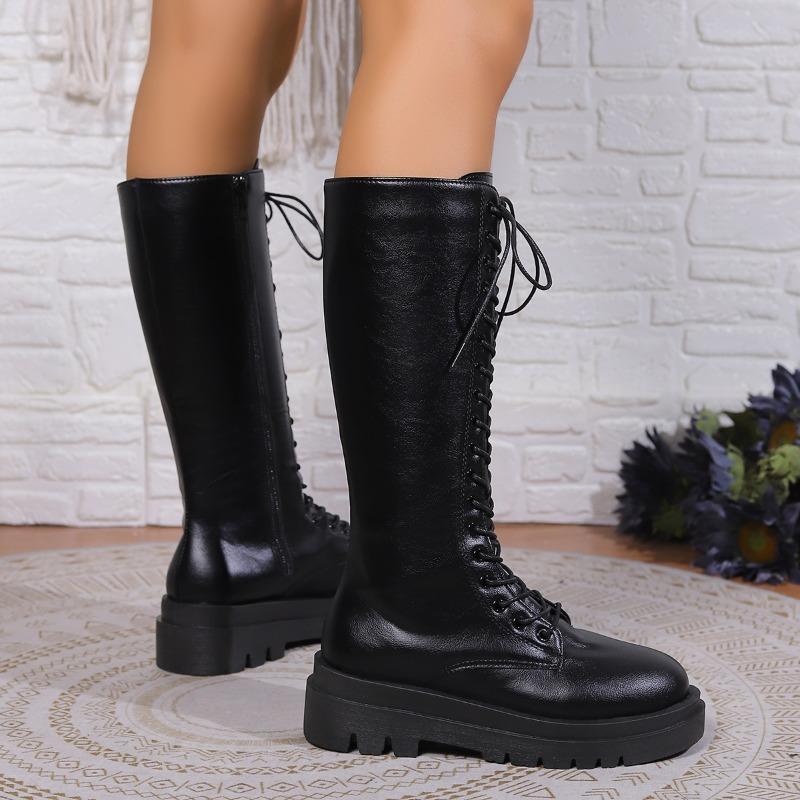 Ritterstiefel Damen Neu Runde Spitze Seitenreißverschluss Schnürung Plateau Rutschfest Verschleißfest Keilabsatz Mittelhohe Röhrenstiefel