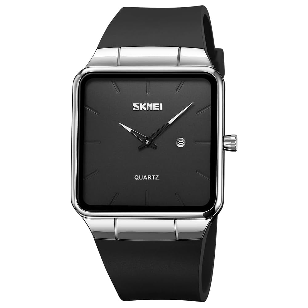 Square Men s Watch Leather Band Black Simple Slim Stylish Waterproof Business Casual Silver Black