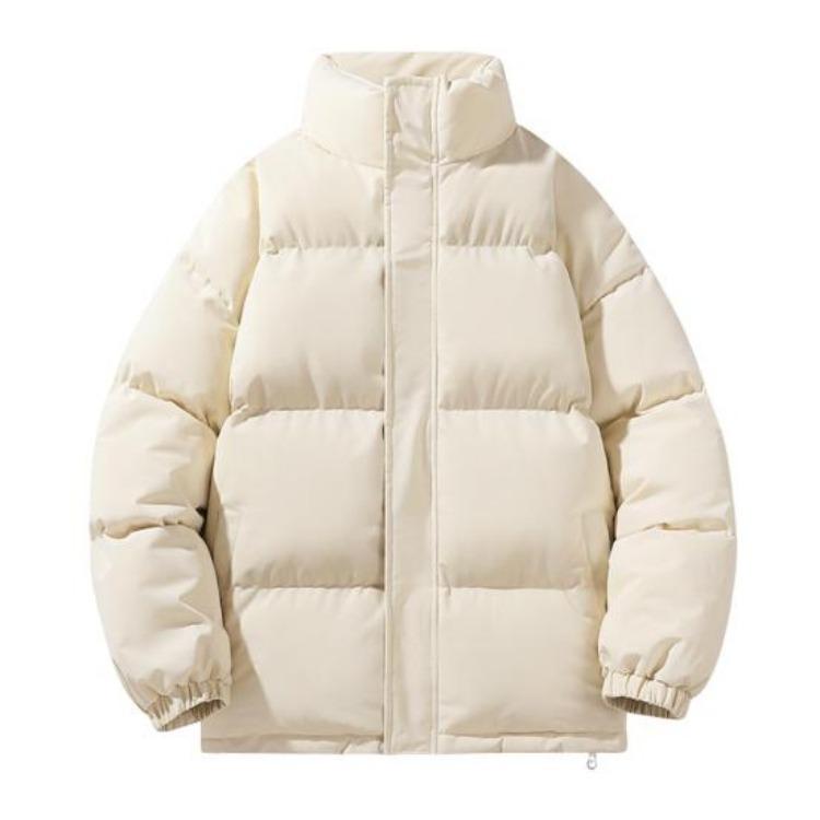 Winter Puffer Coat Men Stand Collar Long Sleeve Solid Color Outwear with Side Pockets Zipper Closure