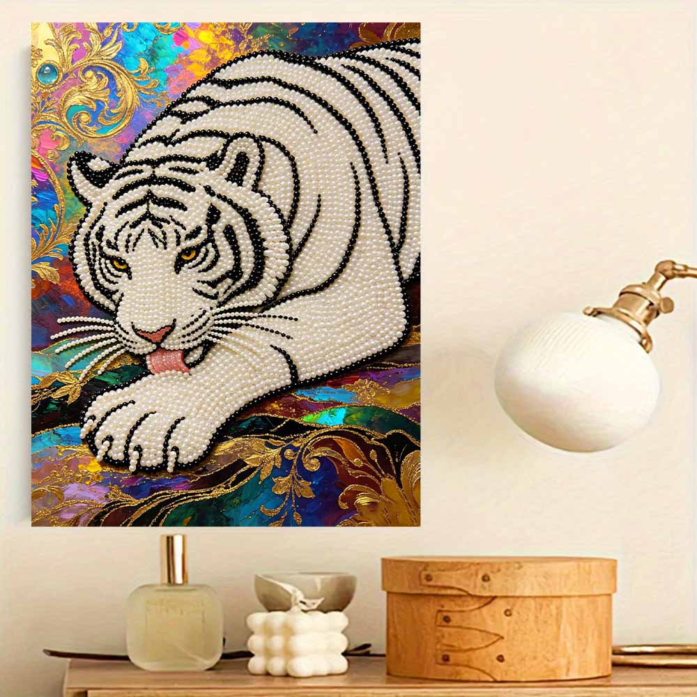 Shiny Pearl Elegant White Tiger DIY Painting Creative Bead Art Craft Household Wall Decoration Nice Present For Art Hobbyists Home Decor Accents