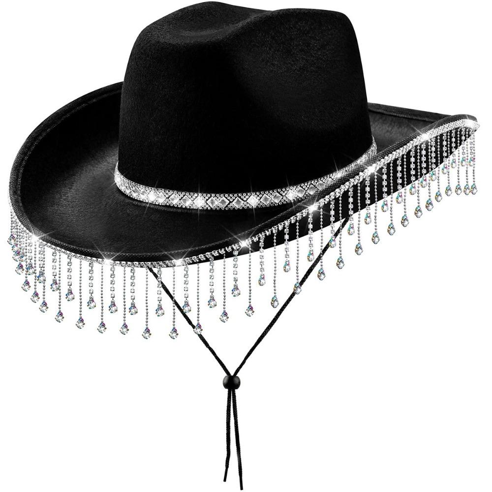 Retro Shiny Western Cowboy Hat Glitter Ethnic Style Cowgirl Hat Sunscreen Wide Brim Top Hat Stage Performance