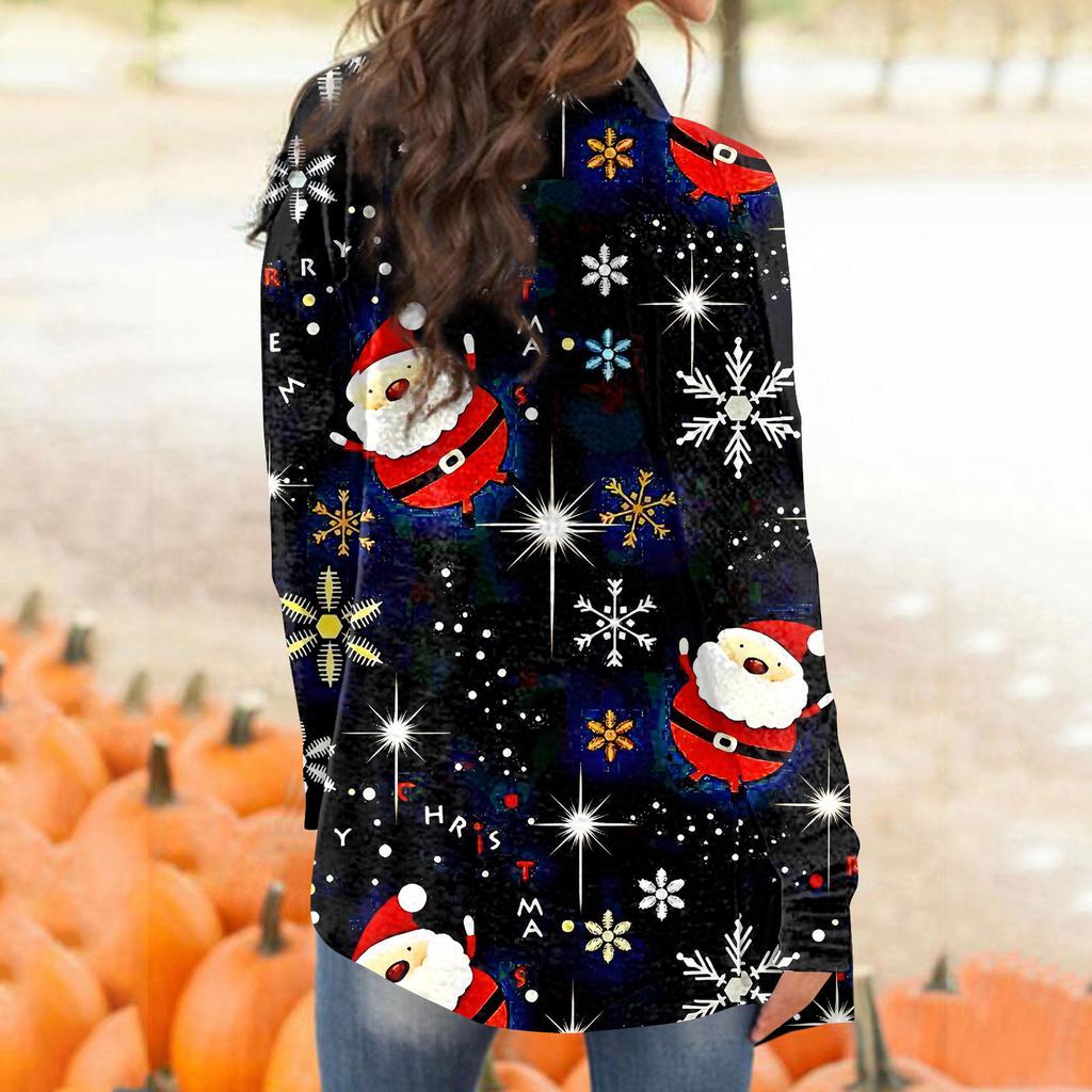 Women's Christmas Print Irregular Long Sleeve Cardigan With Pocket Jacket