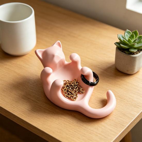 3D Printed Sculpted Black Cat Tray Cute Kitten Jewelry Trinket Dish with Hollow Belly Desktop Decorative Ring Holder for Earrings Bracelets Necklaces