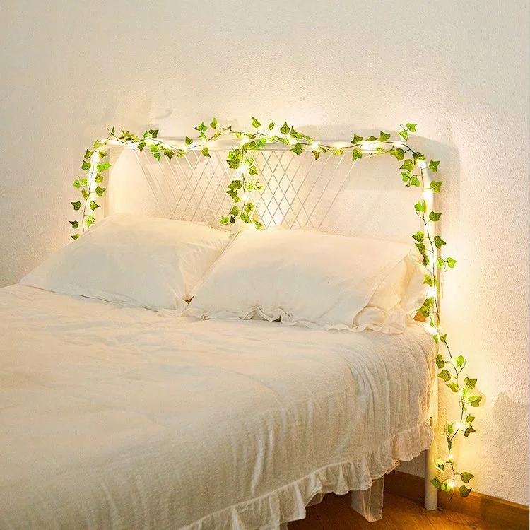 LED Green Leaf Fake Plants String Light Battery Powered Waterproof Fairy String Light for Wall House Christmas Decorations