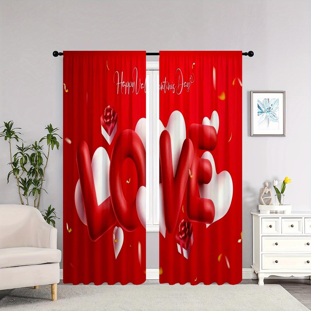 Set Of 2 Romantic Love Curtains Rose Red Heart Floral Hd Digital Print Semi Transparent Living Room Bedroom Curtain Polyester Machine Washable Ideal