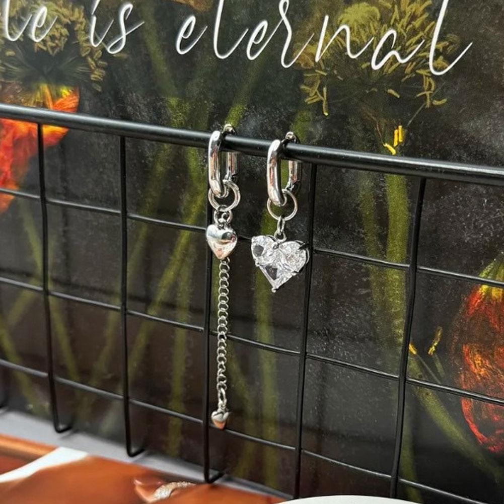 Titanium Steel Asymmetrical Heart Zircon Long Tassel Dangle Earrings Minimal Elegant Fashion Women Daily Party Jewelry Gift
