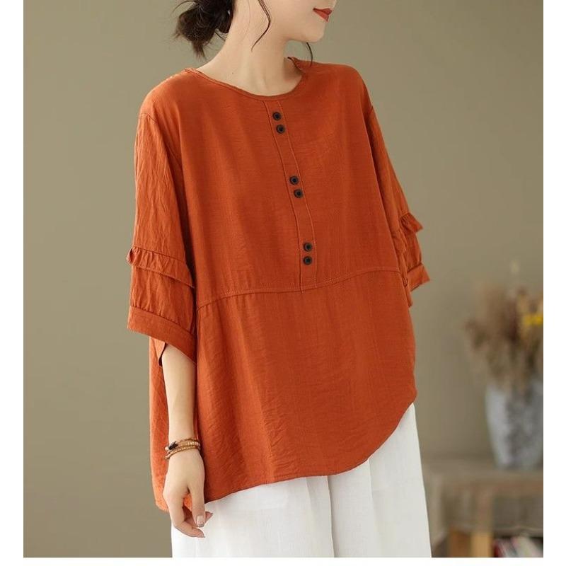 New Cotton Linen Retro Lazy Shirt Women's Summer Thin Loose Short-sleeved Versatile Top
